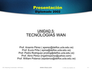 UNIDAD  5 : TECNOLOGÍAS WAN Prof. Arsenio Pérez ( aperez@delfos.ucla.edu.ve) Prof. Euvis Piña ( epina@delfos.ucla.edu.ve) Prof. Pedro Rodriguez prodrig@delfos.ucla.edu.ve) Prof. Alirio Pérez (ingalirioperez@yahoo.com) Prof. William Polanco (wpolanco@delfos.ucla.edu.ve) Presentación Diplomado 2002 