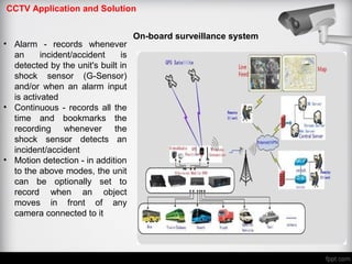 CCTV Application and Solution
On-board surveillance system
• Alarm - records whenever
an incident/accident is
detected by the unit's built in
shock sensor (G-Sensor)
and/or when an alarm input
is activated
• Continuous - records all the
time and bookmarks the
recording whenever the
shock sensor detects an
incident/accident
• Motion detection - in addition
to the above modes, the unit
can be optionally set to
record when an object
moves in front of any
camera connected to it
 