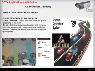 CCTV Application and Solution
CCTV People Counting
PEOPLE COUNTING CCTV SOLUTIONS
QUEUE DETECTION AT THE COUNTER
Queue Detection : Detect and alert when the queue
is too long or too short.
•Retail: Optimize resources allocation and enhance
customer service quality based on queue monitoring
•Airport : Monitor the waiting line and make realtime
queue alerts.
 