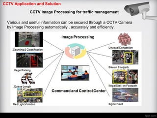 CCTV Application and Solution
CCTV Image Processing for traffic management
Various and useful information can be secured through a CCTV Camera
by Image Processing automatically , accurately and efficiently.
 