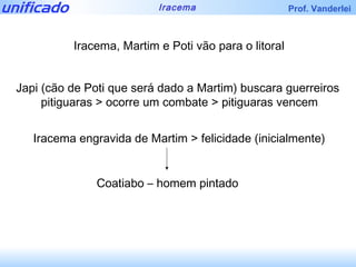 Iracema, Martim e Poti vão para o litoral Japi (cão de Poti que será dado a Martim) buscara guerreiros  pitiguaras > ocorre um combate > pitiguaras vencem Iracema engravida de Martim > felicidade (inicialmente) Coatiabo – homem pintado 