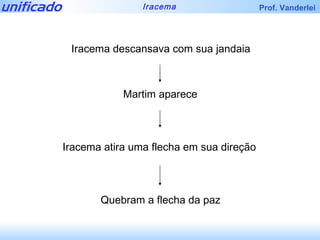 Iracema descansava com sua jandaia Martim aparece Iracema atira uma flecha em sua direção  Quebram a flecha da paz 