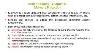 Major Updates – Chapter 11
Malware Protection
• Malware can cause different level of security risks to computer assets,
su...