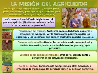 «Y el que siega recibe salario, y recoge fruto
para vida eterna, para que el que siembra goce
juntamente con el que siega» (Juan 4:36)
Jesús comparó la misión de la iglesia con el
proceso agrícola. ¿Qué fases podemos definir
a partir de esta comparación?
Preparación del terreno. Analizar la comunidad donde queremos
introducir el Evangelio. Ver la forma como podemos quitar las
«piedras» y los «espinos» que pueden obstruir la cosecha (Mateo 13:3-8).
Siembra de la semilla. Atender las necesidades de la comunidad y
realizar seminarios, iniciar estudios bíblicos y organizar grupos
pequeños.
Cuidado de los campos sembrados. Orar por el Espíritu Santo y
perseverar en las actividades misioneras.
Siega del cultivo. Campañas de evangelismo u otras actividades
enfocadas de manera que las personas tomen su decisión por Cristo.
 