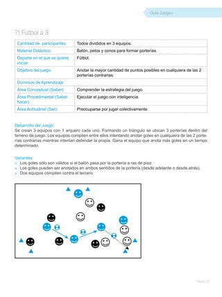 Guía Juega+
Página 29
7) Fútbol a 3
Cantidad de participantes: Todos divididos en 3 equipos.
Material Didáctico: Balón, petos y conos para formar porterías.
Deporte en el que se quiere
iniciar:
Fútbol.
Objetivo del juego: Anotar la mayor cantidad de puntos posibles en cualquiera de las 2
porterías contrarias.
Dominios de Aprendizaje
Área Conceptual (Saber): Comprender la estrategia del juego.
Área Procedimental (Saber
hacer):
Ejecutar el juego con inteligencia.
Área Actitudinal (Ser): Preocuparse por jugar colectivamente.
Desarrollo del Juego:
Se crean 3 equipos con 1 arquero cada uno. Formando un triángulo se ubican 3 porterías dentro del
terreno de juego. Los equipos compiten entre ellos intentando anotar goles en cualquiera de las 2 porte-
rías contrarias mientras intentan defender la propia. Gana el equipo que anota más goles en un tiempo
determinado.
Variantes:
» 	 Los goles sólo son válidos si el balón pasa por la portería a ras de piso.
»	 Los goles pueden ser anotados en ambos sentidos de la portería (desde adelante o desde atrás).
»	 Dos equipos compiten contra el tercero.
 