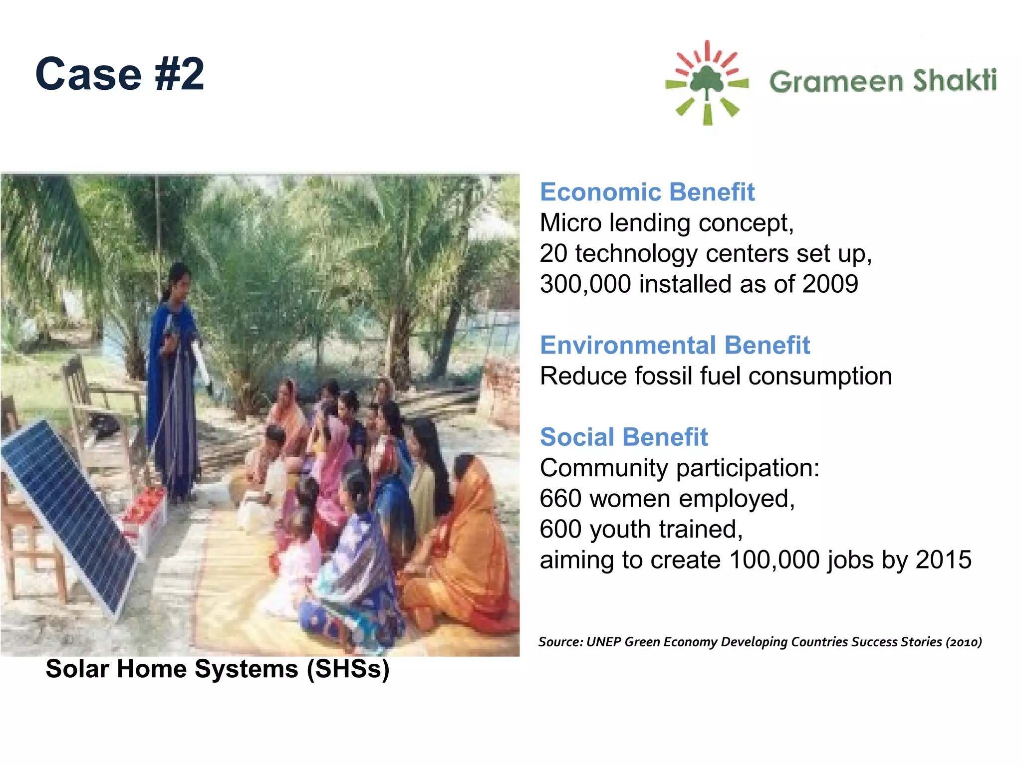 Case #2

                            Economic Benefit
                            Micro lending concept,
                            20 technology centers set up,
                            300,000 installed as of 2009

                            Environmental Benefit
                            Reduce fossil fuel consumption

                            Social Benefit
                            Community participation:
                            660 women employed,
                            600 youth trained,
                            aiming to create 100,000 jobs by 2015


                            Source: UNEP Green Economy Developing Countries Success Stories (2010)

Solar Home Systems (SHSs)
 