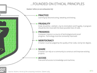 //15
...FOUNDED ON ETHICAL PRINCIPLES
PRACTICE
Learning by deconstructing, tweaking and testing.
FRUGALITY
Code should be « esthetic » by its minimalism and frugality. A program
should do the most with the least possible lines of code.
PROGRESS
Computer science is a source of technological and social
progress. Technology must be constantly improved.
MERITOCRACY
A hacker must be judged by the quality of her code, not by her degree.
SHARE
A hacker can rely on a community to construct and improve existing
projects.
ACCESS
Free and full access to knowledge and machines.
Source: Hackers: Heroes of the computing revolution. Steven Levy
Hackers’ ethics (a non-exhaustive list)
 