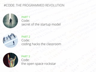 //17
PART 1
Code:
secret of the startup model
#CODE: THE PROGRAMMED REVOLUTION
PART 2
Code:
coding hacks the classroom
PART 3
Code:
the open space rockstar
 