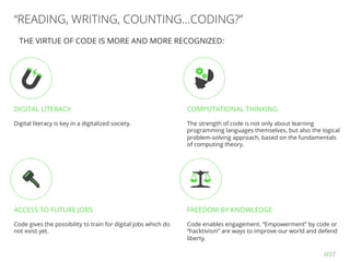 //27
“READING, WRITING, COUNTING…CODING?”
DIGITAL LITERACY
Digital literacy is key in a digitalized society.
COMPUTATIONAL THINKING
The strength of code is not only about learning
programming languages themselves, but also the logical
problem-solving approach, based on the fundamentals
of computing theory.
ACCESS TO FUTURE JOBS
Code gives the possibility to train for digital jobs which do
not exist yet.
FREEDOM BY KNOWLEDGE
Code enables engagement. “Empowerment” by code or
“hacktivism” are ways to improve our world and defend
liberty.
THE VIRTUE OF CODE IS MORE AND MORE RECOGNIZED:
 