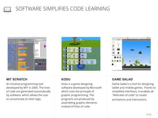 //36
SOFTWARE SIMPLIFIES CODE LEARNING
MIT SCRATCH
An intuitive programming tool
developed by MIT in 2006. The lines
of code are generated automatically
by software, which allows the user
to concentrate on their logic.
GAME SALAD
Game Salad is a tool for designing
tablet and mobile games. Thanks to
simpliﬁed interfaces, it enables all
"illiterates of code” to create
animations and interactions.
KODU
Kodu is a game designing
software developed by Microsoft
which uses the principle of
graphic programming. The
programs are produced by
assembling graphic elements
instead of lines of code.
 