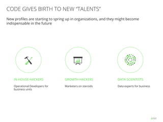 //44
CODE GIVES BIRTH TO NEW “TALENTS”
IN-HOUSE HACKERS
Operational Developers for
business units
DATA SCIENTISTS
Data experts for business
GROWTH HACKERS
Marketers on steroids
New proﬁles are starting to spring up in organizations, and they might become
indispensable in the future
 