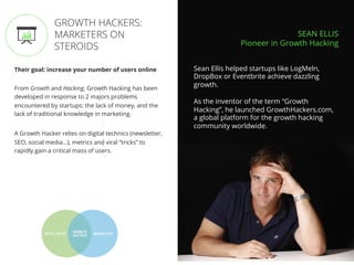//46
Their goal: increase your number of users online
From Growth and Hacking, Growth Hacking has been
developed in response to 2 majors problems
encountered by startups: the lack of money, and the
lack of traditional knowledge in marketing.
A Growth Hacker relies on digital technics (newsletter,
SEO, social media…), metrics and viral “tricks” to
rapidly gain a critical mass of users.
SEAN ELLIS
Pioneer in Growth Hacking
Sean Ellis helped startups like LogMeln,
DropBox or Eventbrite achieve dazzling
growth.
As the inventor of the term “Growth
Hacking”, he launched GrowthHackers.com,
a global platform for the growth hacking
community worldwide.
GROWTH HACKERS:
MARKETERS ON
STEROIDS
 