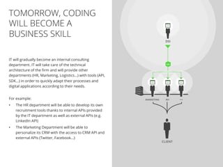 //50
IT will gradually become an internal consulting
department. IT will take care of the technical
architecture of the ﬁrm and will provide other
departments (HR, Marketing, Logistics…) with tools (API,
SDK…) in order to quickly adapt their processes and
digital applications according to their needs.
For example:
•  The HR department will be able to develop its own
recruitment tools thanks to internal APIs provided
by the IT department as well as external APIs (e.g.
LinkedIn API)
•  The Marketing Department will be able to
personalize its CRM with the access to CRM API and
external APIs (Twitter, Facebook…)
TOMORROW, CODING
WILL BECOME A
BUSINESS SKILL
 