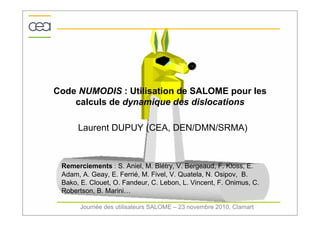 Code NUMODIS : Utilisation de SALOME pour les
    calculs de dynamique des dislocations

      Laurent DUPUY (CEA, DEN/DMN/SRMA)



 Remerciements : S. Aniel, M. Blétry, V. Bergeaud, F. Kloss, E.
 Adam, A. Geay, E. Ferrié, M. Fivel, V. Quatela, N. Osipov, B.
 Bako, E. Clouet, O. Fandeur, C. Lebon, L. Vincent, F. Onimus, C.
 Robertson, B. Marini…

       Journée des utilisateurs SALOME – 23 novembre 2010, Clamart
 