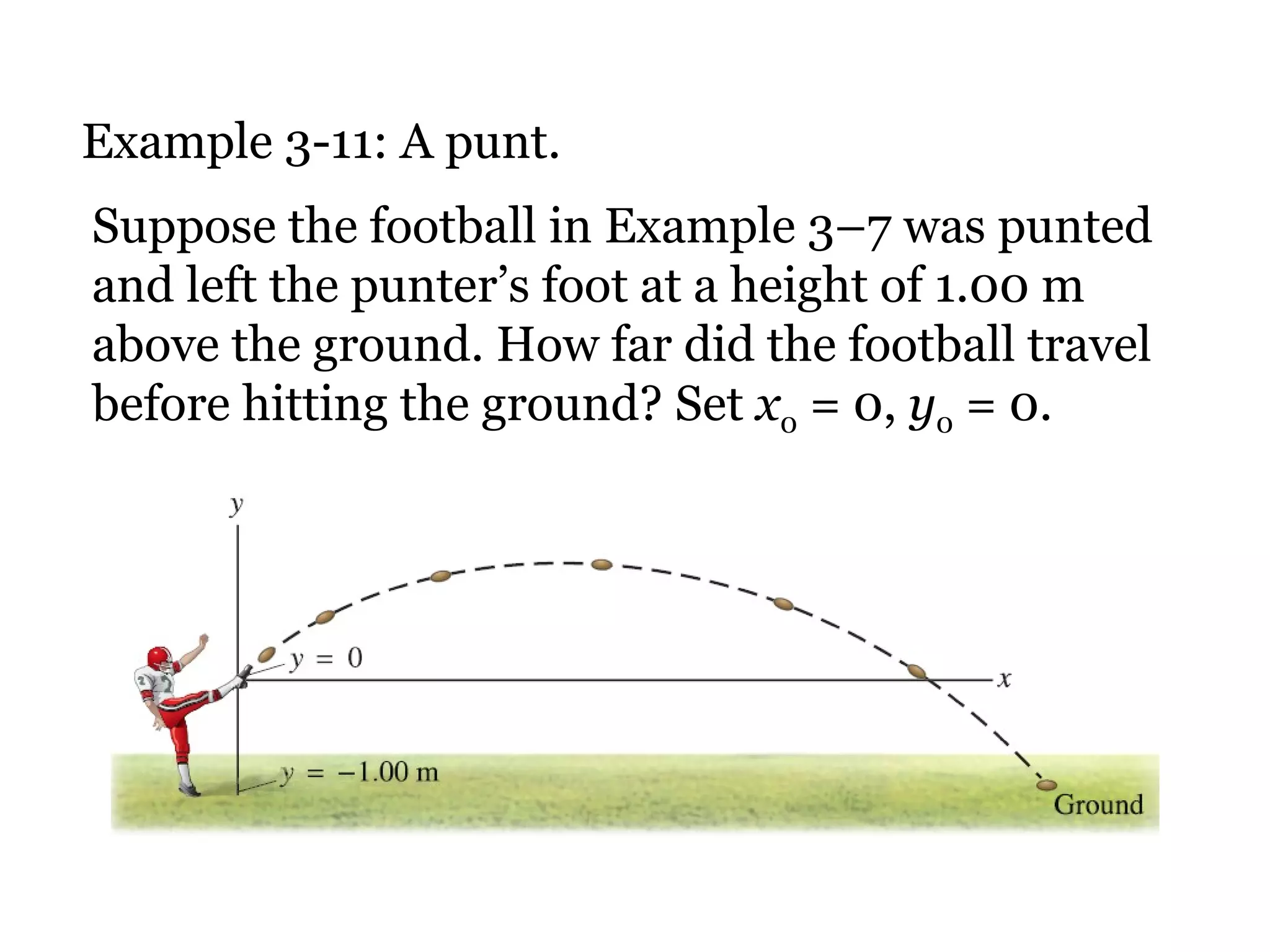 Example 3-11: A punt. Suppose the football in Example 3–7 was punted and left the punter’s foot at a height of 1.00 m above the ground. How far did the football travel before hitting the ground? Set  x 0  = 0,  y 0  = 0. 