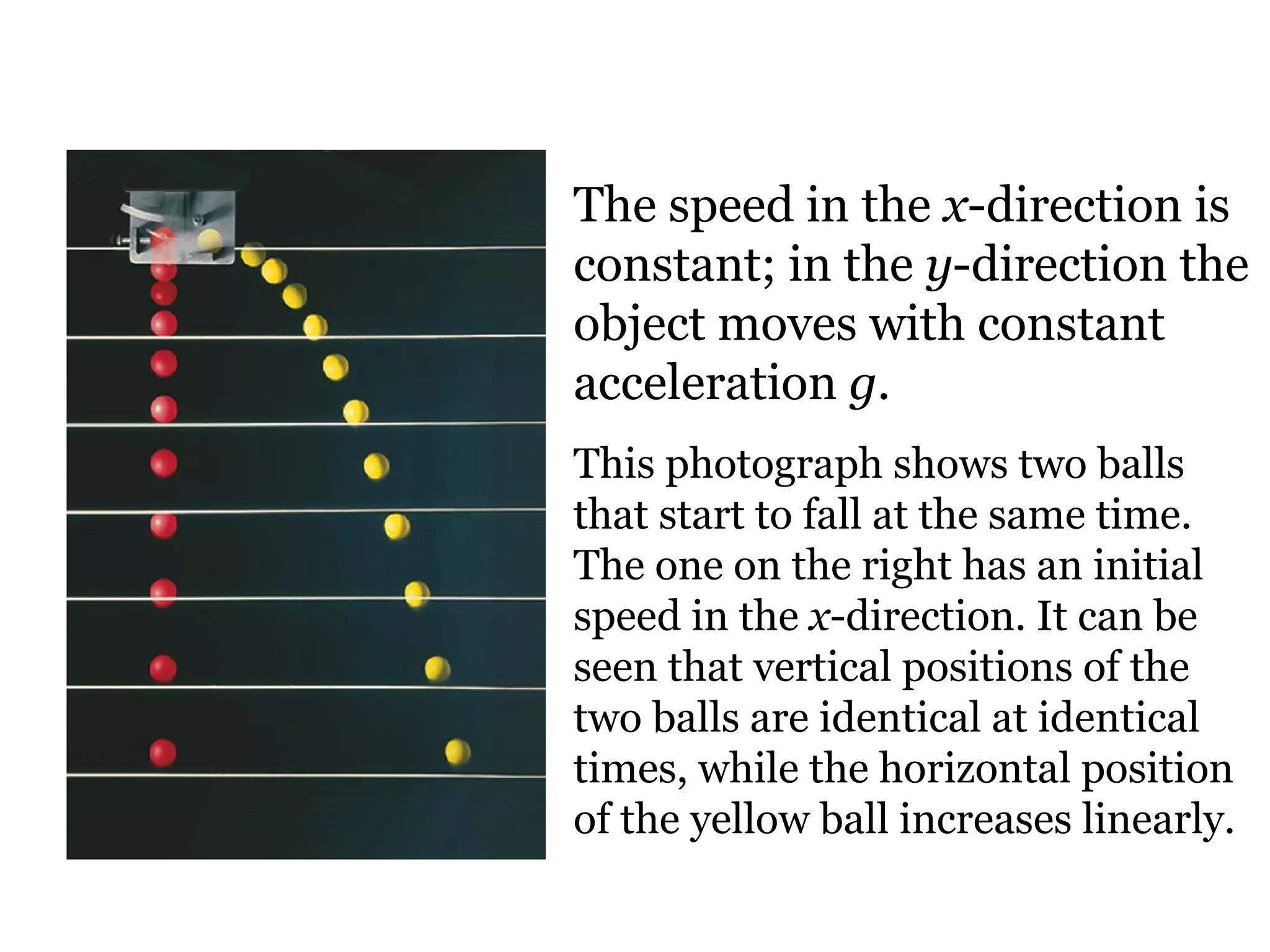 The speed in the  x -direction is constant; in the  y -direction the object moves with constant acceleration  g . This photograph shows two balls that start to fall at the same time. The one on the right has an initial speed in the  x -direction. It can be seen that vertical positions of the two balls are identical at identical times, while the horizontal position of the yellow ball increases linearly. 
