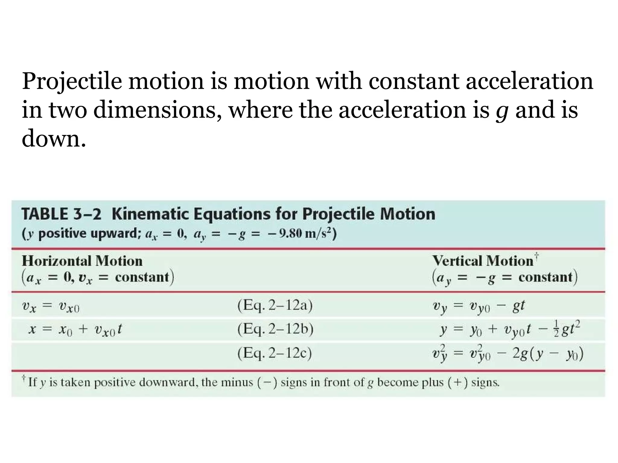 Projectile motion is motion with constant acceleration in two dimensions, where the acceleration is  g  and is down. 