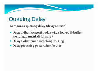 QueuingDelay
Komponenqueuingdelay (delayantrian)
Delayakibatkongestipadaswitch(paketdi‐bufferDelayakibatkongestipadaswitch(paketdi buffer
menungguuntukdiforward)
Delayakibatmodeswitching/routingy g g
Delayprosesingpadaswitch/router
 