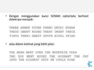 •Dengan menggunakan kunci SCRAM cipherteks berhasil didekripsi menjadi: 
THEBE ARWEN TOVER THEMO UNTAI NYEAH 
THEDO GWENT ROUND THEHY DRANT THECA 
TINTO THEHI GHEST SPOTH ECOUL DFIND 
•atau dalam kalimat yang lebih jelas: 
THE BEAR WENT OVER THE MOUNTAIN YEAH 
THE DOG WENT ROUND THE HYDRANT THE CAT INTO THE HIGHEST SPOT HE COULD FIND  