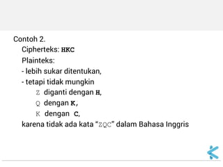 Contoh 2. 
Cipherteks: HKC 
Plainteks: 
- lebih sukar ditentukan, 
- tetapi tidak mungkin 
Z diganti dengan H, 
Q dengan K, 
K dengan C, 
karena tidak ada kata “ZQC” dalam Bahasa Inggris 
 