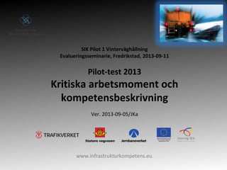 www.infrastrukturkompetens.eu
SIK Pilot 1 Vinterväghållning
Evalueringsseminarie, Fredrikstad, 2013-09-11
Pilot-test 2013
Kritiska arbetsmoment och
kompetensbeskrivning
Ver. 2013-09-05/JKa
 