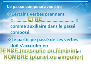 Le passé composé avec êtreCertains verbes prennent « ………………………………………….. » comme auxiliaire dans le passé composé. Le participe passé de ces verbes doit s’accorder en « ………………………………………… » et « …………………………….  »êtreGenre (masculin ou féminin)Nombre (pluriel ou singulier)
