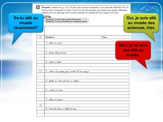 Es-tu allé au musée récemment?Oui, je suis allé au musée des sciences, hier.Non, je ne suis pas allé au musée.