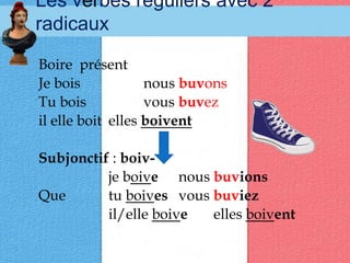 Les verbes réguliers avec 2 radicauxBoire  présentJe bois	 	nous buvonsTu bois		vous buvez                il elle boit	elles boiventSubjonctif : boiv-		je boive	nous buvionsQue     	tu boives	vous buviez		il/elle boive	elles boivent