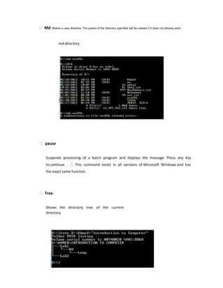 Md: Makes a new directory. The parent of the directory specified will be created if it does not already exist.
md directory
pause
Suspends processing of a batch program and displays the message 'Press any key
to continue. . .'. This command exists in all versions of Microsoft Windows and has
the exact same function.
Tree:
Shows the directory tree of the current
directory
 