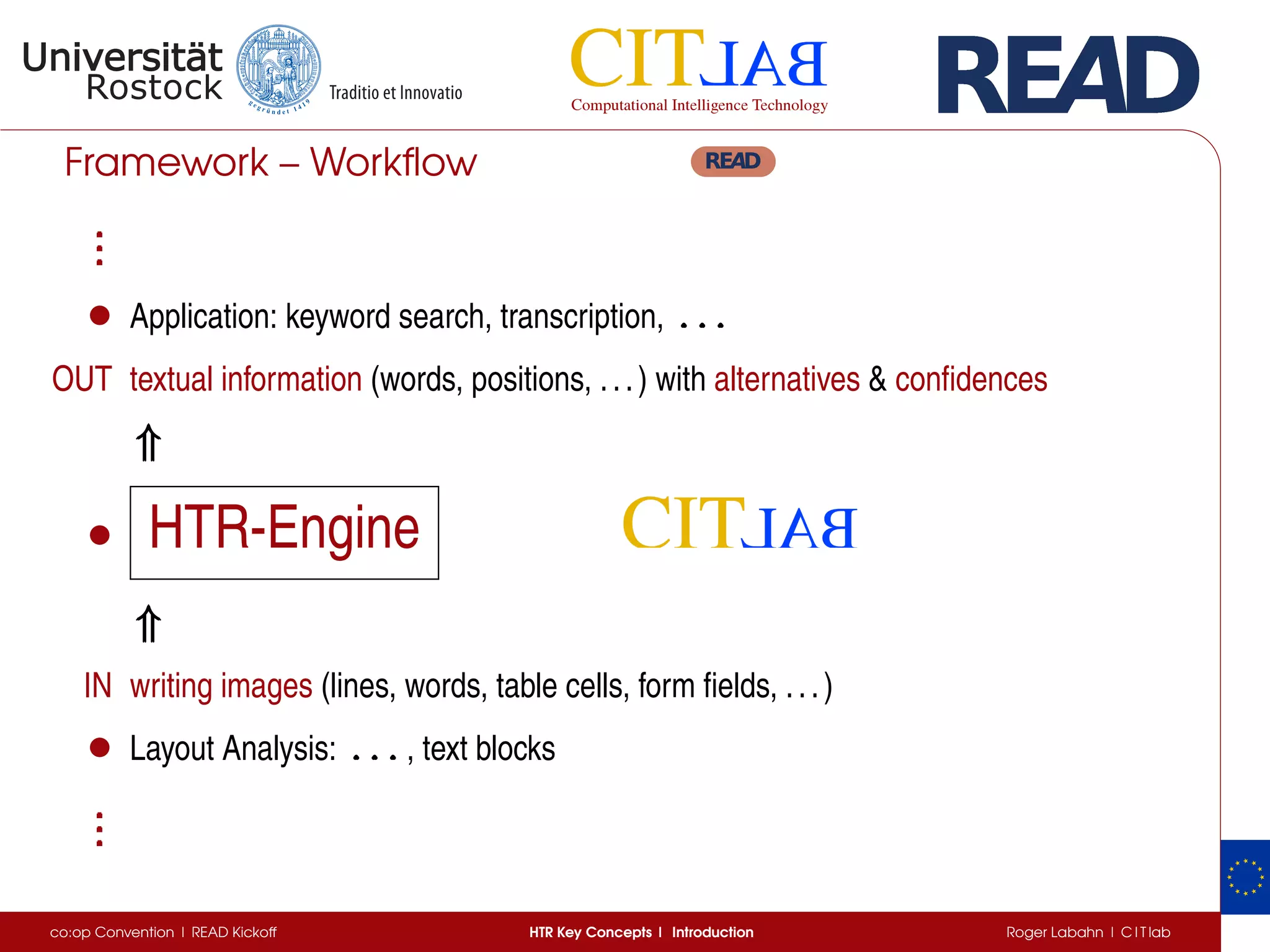 Framework – Workﬂow
...
...
...
• Application: keyword search, transcription, . . .. . .. . .
OUT textual information (words, positions, ...) with alternatives & conﬁdences
⇑⇑⇑
• HTR-Engine
⇑⇑⇑
IN writing images (lines, words, table cells, form ﬁelds, ...)
• Layout Analysis: . . .. . .. . . , text blocks
...
...
...
co:op Convention | READ Kickoff HTR Key Concepts | Introduction Roger Labahn | C I T lab
 