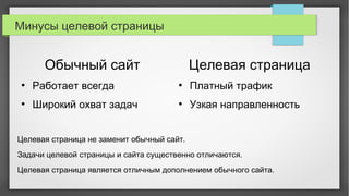 Минусы целевой страницы
Обычный сайт
●
Работает всегда
●
Широкий охват задач
Целевая страница
●
Платный трафик
●
Узкая направленность
Целевая страница не заменит обычный сайт.
Задачи целевой страницы и сайта существенно отличаются.
Целевая страница является отличным дополнением обычного сайта.
 
