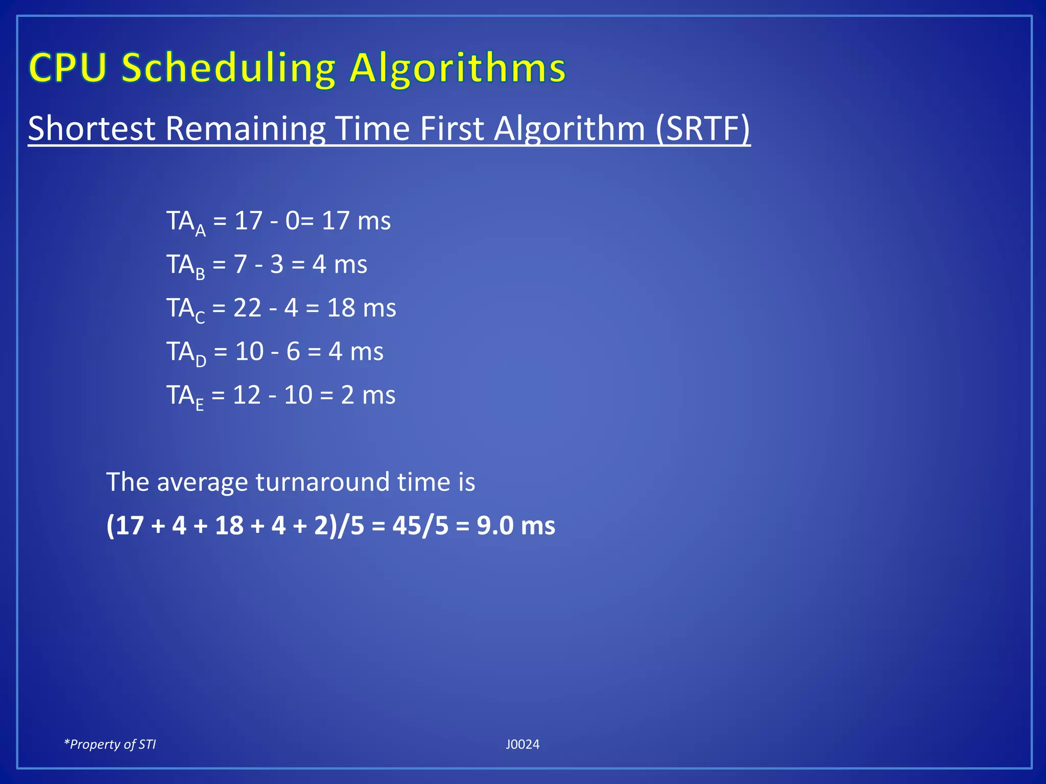*Property of STI J0024
Shortest Remaining Time First Algorithm (SRTF)
TAA = 17 - 0= 17 ms
TAB = 7 - 3 = 4 ms
TAC = 22 - 4 = 18 ms
TAD = 10 - 6 = 4 ms
TAE = 12 - 10 = 2 ms
The average turnaround time is
(17 + 4 + 18 + 4 + 2)/5 = 45/5 = 9.0 ms
 
