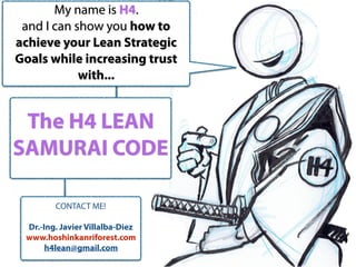 The H4 LEAN
SAMURAI CODE
My name is H4.
and I can show you how to
achieve your Lean Strategic
Goals while increasing trust
with...
CONTACT ME!
Dr.-Ing. Javier Villalba-Diez
www.hoshinkanriforest.com
h4lean@gmail.com
 