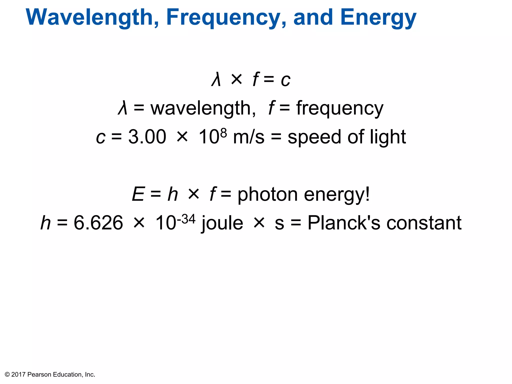 Wavelength, Frequency, and Energy
λ × f = c
λ = wavelength, f = frequency
c = 3.00 × 108 m/s = speed of light
E = h × f = photon energy!
h = 6.626 × 10-34 joule × s = Planck's constant
© 2017 Pearson Education, Inc.
 