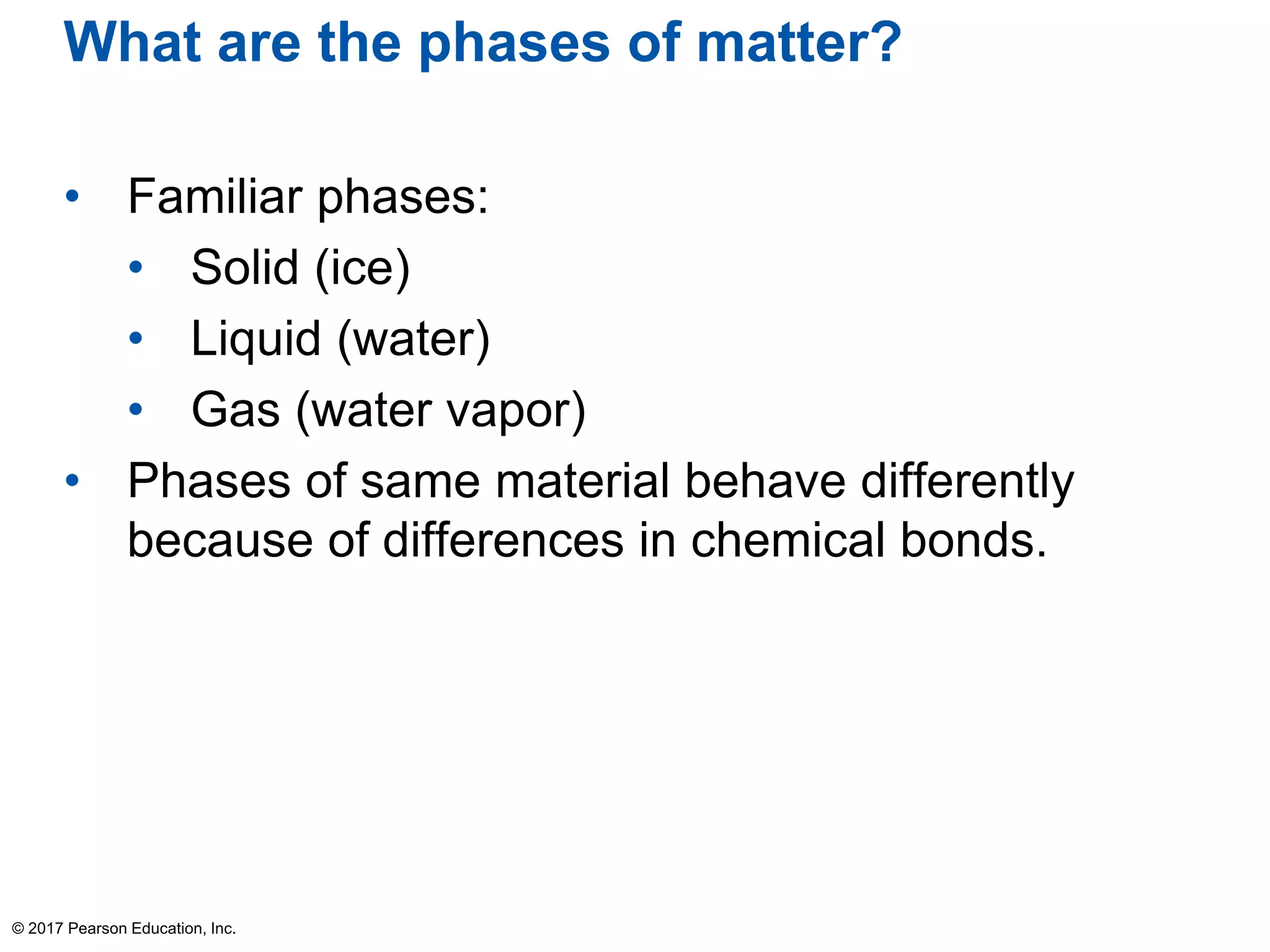 What are the phases of matter?
• Familiar phases:
• Solid (ice)
• Liquid (water)
• Gas (water vapor)
• Phases of same material behave differently
because of differences in chemical bonds.
© 2017 Pearson Education, Inc.
 