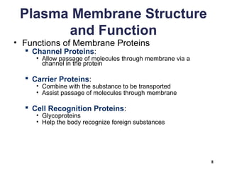 Plasma Membrane Structure
and Function
• Functions of Membrane Proteins
 Channel Proteins:
• Allow passage of molecules through membrane via a
channel in the protein
 Carrier Proteins:
• Combine with the substance to be transported
• Assist passage of molecules through membrane
 Cell Recognition Proteins:
• Glycoproteins
• Help the body recognize foreign substances
8
 