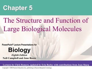 Copyright © 2008 Pearson Education, Inc., publishing as Pearson Benjamin Cummings
PowerPoint® Lecture Presentations for
Biology
Eighth Edition
Neil Campbell and Jane Reece
Lectures by Chris Romero, updated by Erin Barley with contributions from Joan Sharp
Chapter 5
The Structure and Function of
Large Biological Molecules
 