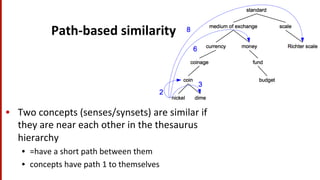 Path-­‐based	
  similarity	
  
•  Two	
  concepts	
  (senses/synsets)	
  are	
  similar	
  if	
  
they	
  are	
  near	
  each	
  other	
  in	
  the	
  thesaurus	
  
hierarchy	
  	
  
•  =have	
  a	
  short	
  path	
  between	
  them	
  
•  concepts	
  have	
  path	
  1	
  to	
  themselves	
  
 
