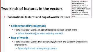 Two	
  kinds	
  of	
  features	
  in	
  the	
  vectors	
  
•  Colloca$onal	
  features	
  and	
  bag-­‐of-­‐words	
  features	
  
•  Colloca$onal/Paradigma$c	
  
•  Features	
  about	
  words	
  at	
  speciﬁc	
  posi(ons	
  near	
  target	
  word	
  
•  O^en	
  limited	
  to	
  just	
  word	
  iden(ty	
  and	
  POS	
  
•  Bag-­‐of-­‐words	
  
•  Features	
  about	
  words	
  that	
  occur	
  anywhere	
  in	
  the	
  window	
  (regardless	
  
of	
  posi(on)	
  
•  Typically	
  limited	
  to	
  frequency	
  counts	
  
Generally speaking, a
collocation is a
sequence of words or
terms that co-occur
more often than would
be expected by
chance. But here the
meaning is not exactly
this…	
  
 