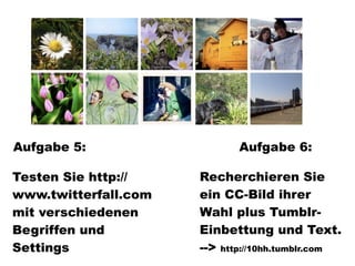 Aufgabe 5:                   Aufgabe 6:

Testen Sie http://    Recherchieren Sie
www.twitterfall.com   ein CC-Bild ihrer
mit verschiedenen     Wahl plus Tumblr-
Begriffen und         Einbettung und Text.
Settings              --> http://10hh.tumblr.com
 