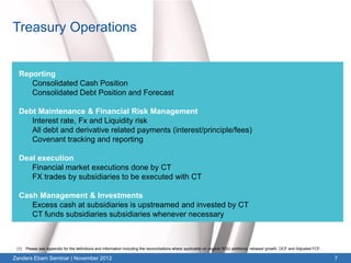 Treasury Operations


  Reporting
     Consolidated Cash Position
     Consolidated Debt Position and Forecast

  Debt Maintenance & Financial Risk Management
     Interest rate, Fx and Liquidity risk
     All debt and derivative related payments (interest/principle/fees)
     Covenant tracking and reporting

  Deal execution
     Financial market executions done by CT
     FX trades by subsidiaries to be executed with CT

  Cash Management & Investments
     Excess cash at subsidiaries is upstreamed and invested by CT
     CT funds subsidiaries subsidiaries whenever necessary



 (1)   Please see Appendix for the definitions and information including the reconciliations where applicable on organic RGU additions, rebased growth, OCF and Adjusted FCF.

Zanders Ebam Seminar | November 2012                                                                                                                                            7
 