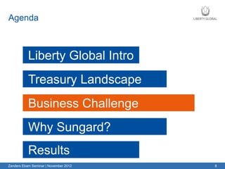 Agenda



           Liberty Global Intro
           Treasury Landscape
           Business Challenge
           Why Sungard?
           Results
Zanders Ebam Seminar | November 2012   8
 