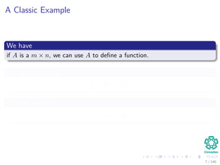 A Classic Example
We have
if A is a m × n, we can use A to deﬁne a function.
We will call them
fA : Rn
→ Rm
In other words
fA (x) = Ax
7 / 140
 