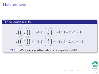 Then, we have
The following results
g
1
2
= (−1, 2)
1
2
= −1 × 1 + 2 × 2 = 3
g
3
1
= (−1, 2)
3
1
= −1 × 3 + 2 × 1 = −1
YES!!! We have a positive side and a negative side!!!
57 / 140
 