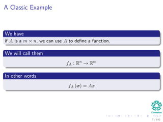 A Classic Example
We have
if A is a m × n, we can use A to deﬁne a function.
We will call them
fA : Rn
→ Rm
In other words
fA (x) = Ax
7 / 140
 