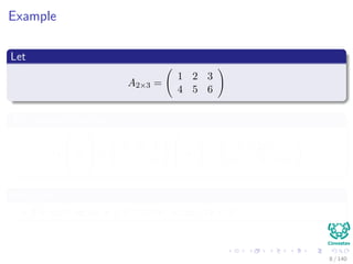 Example
Let
A2×3 =
1 2 3
4 5 6
This allows to deﬁne
fA



x
y
z


 =
1 2 3
4 5 6



x
y
z


 =
x + 2y + z
4x + 5y + 6z
We have
For each vector x ∈ R3 to the vector Ax ∈ R2
8 / 140
 