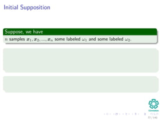 Initial Supposition
Suppose, we have
n samples x1, x2, ..., xn some labeled ω1 and some labeled ω2.
We want a vector weight w such that
wT xi > 0, if xi ∈ ω1.
wT xi < 0, if xi ∈ ω2.
The name of this weight vector
It is called a separating vector or solution vector.
77 / 140
 