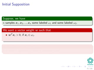 Initial Supposition
Suppose, we have
n samples x1, x2, ..., xn some labeled ω1 and some labeled ω2.
We want a vector weight w such that
wT xi > 0, if xi ∈ ω1.
wT xi < 0, if xi ∈ ω2.
The name of this weight vector
It is called a separating vector or solution vector.
77 / 140
 