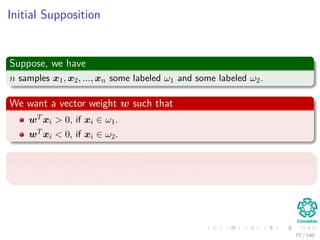 Initial Supposition
Suppose, we have
n samples x1, x2, ..., xn some labeled ω1 and some labeled ω2.
We want a vector weight w such that
wT xi > 0, if xi ∈ ω1.
wT xi < 0, if xi ∈ ω2.
The name of this weight vector
It is called a separating vector or solution vector.
77 / 140
 