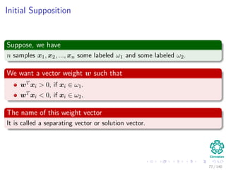 Initial Supposition
Suppose, we have
n samples x1, x2, ..., xn some labeled ω1 and some labeled ω2.
We want a vector weight w such that
wT xi > 0, if xi ∈ ω1.
wT xi < 0, if xi ∈ ω2.
The name of this weight vector
It is called a separating vector or solution vector.
77 / 140
 